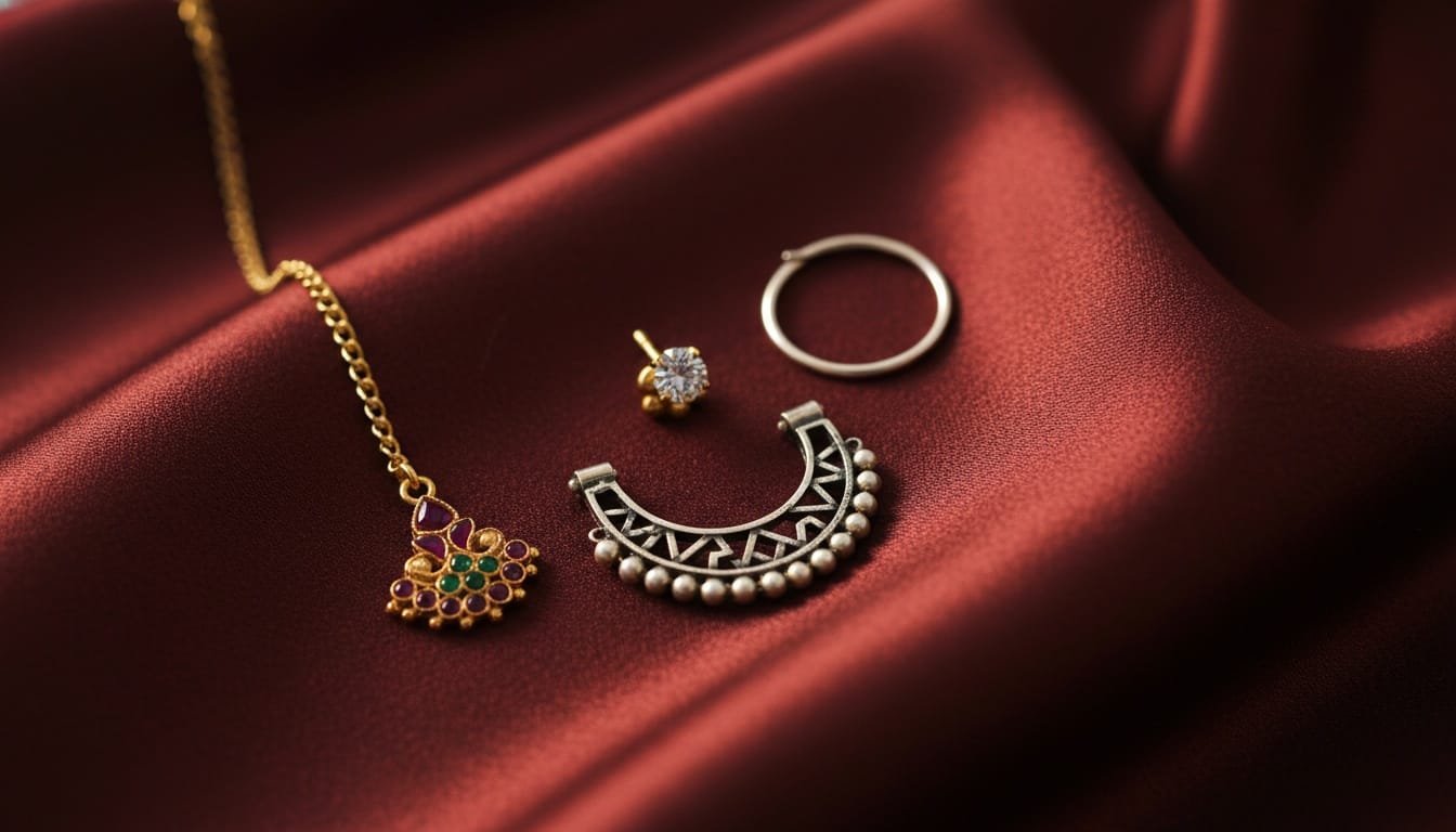 Traditional Indian nose jewelry collection with gold stud silver hoop septum clicker and bridal nath on elegant silk cloth