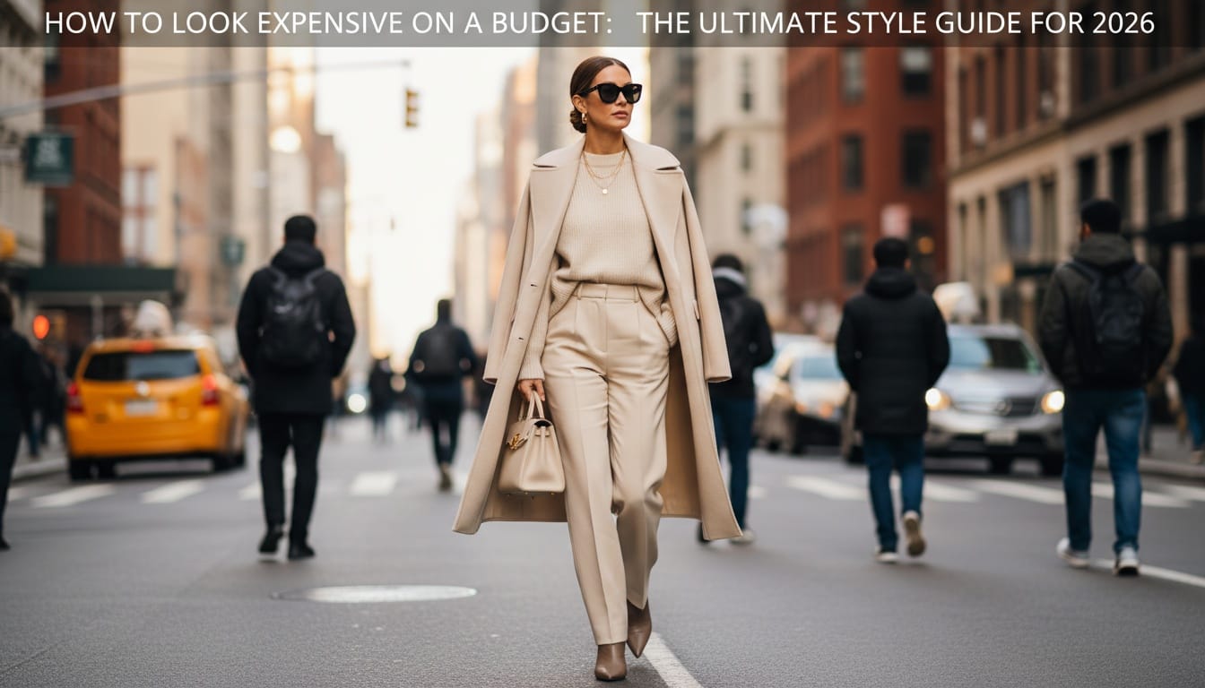 Woman in a monochromatic cream outfit walking in a city, showcasing quiet luxury style and how to look expensive on a budget.