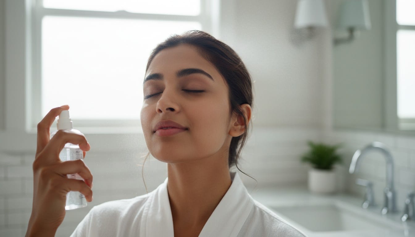 Woman spraying rose water mist for a 10 minute lazy girl glow up routine. Refreshing face mist for glowing skin.