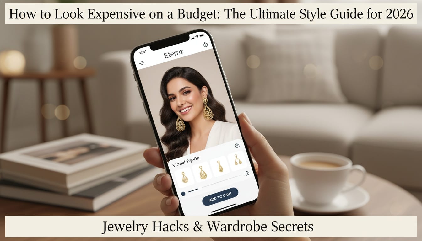 Woman using Eternz app Virtual Try-On for gold earrings to master quiet luxury style and look expensive on a budget.