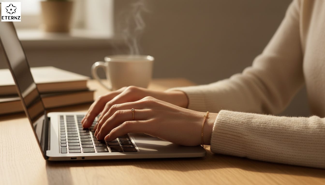 A close-up of a woman's hands typing on a laptop, wearing a simple 14k gold bracelet and ring in a warm, cozy setting.