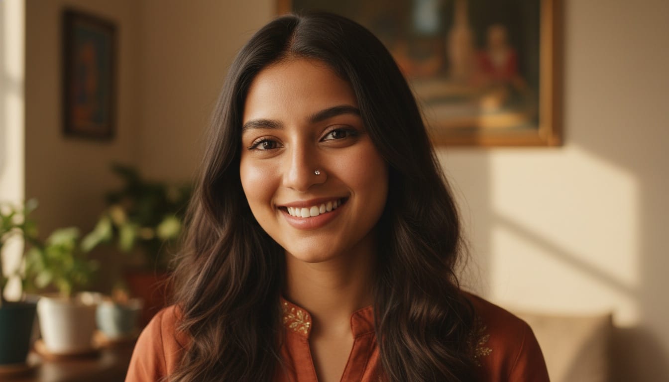 Young Indian woman smiling with a diamond nose stud piercing in warm natural lighting for traditional and modern style