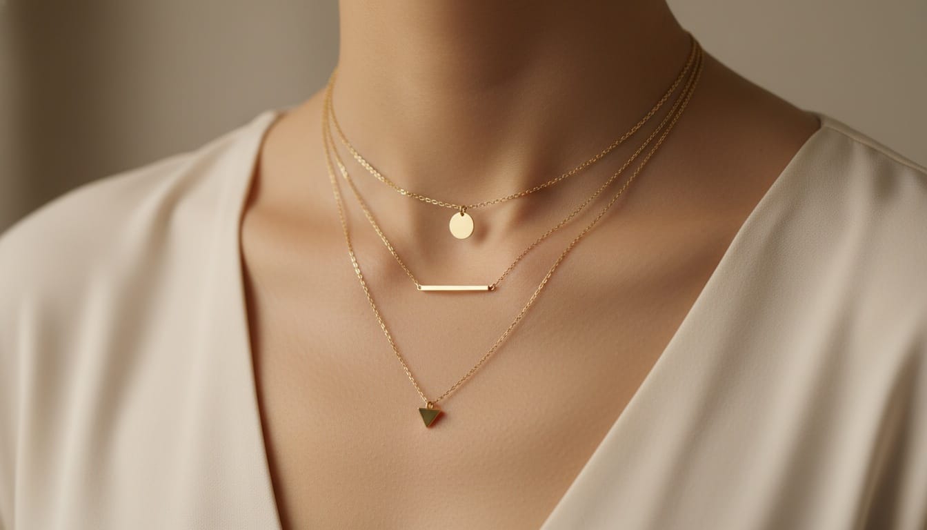 Layered gold chains with geometric pendants, a modern Women's Day jewellery gift trend for women in India 2026.