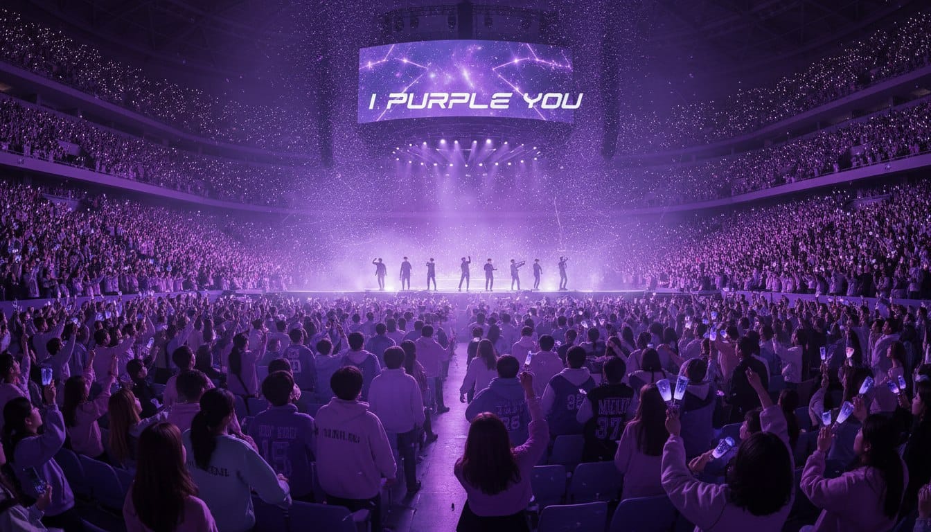 A wide-angle shot of a stadium filled with purple lights and fans wearing various shades of purple clothing, capturing a sense of unity and magic.