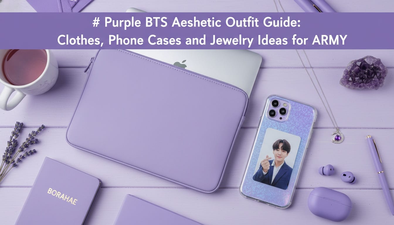 Purple BTS aesthetic desk flat-lay featuring a lavender laptop sleeve, holographic phone case, and BTS photocard.