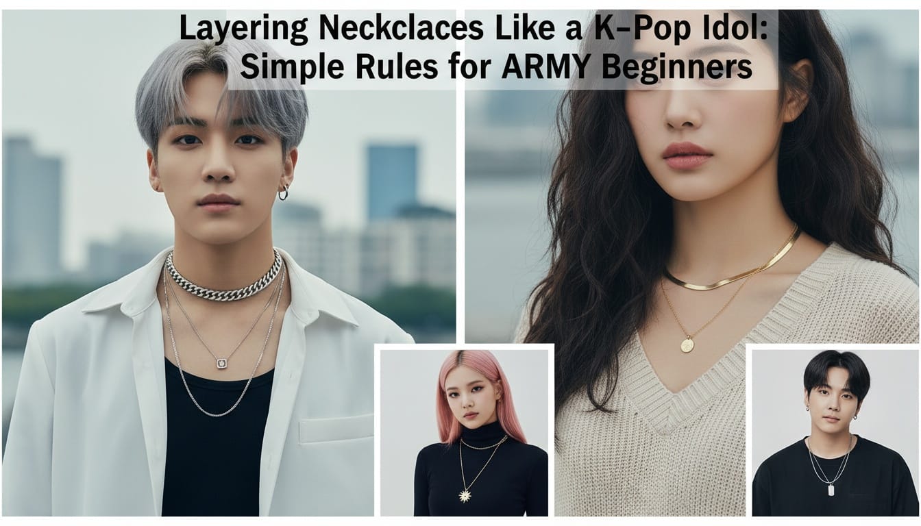 A collage of K-pop idols like BTS or Blackpink members wearing layered necklaces with clean, modern outfits.