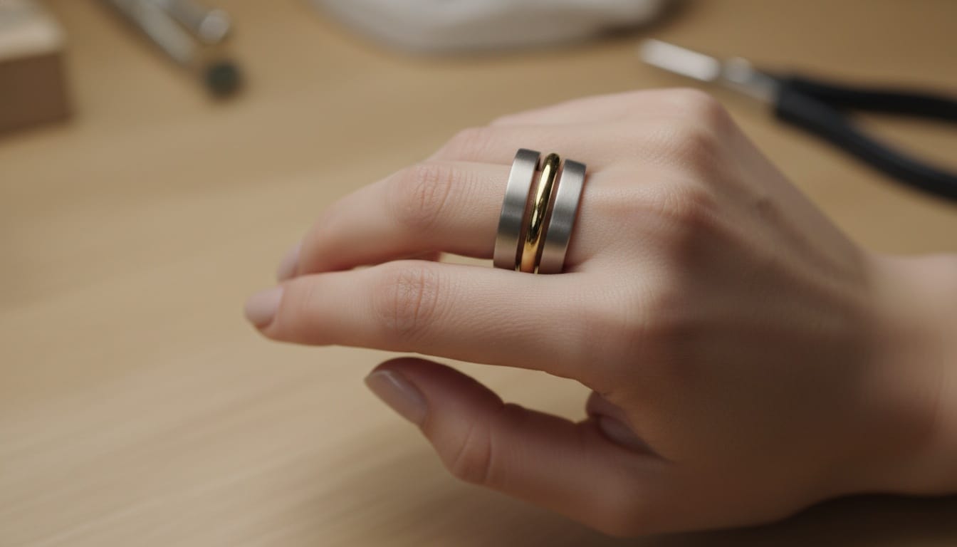 A photo of a hand wearing three stacked rings—some matte and some high polish—to show how they can be worn together.