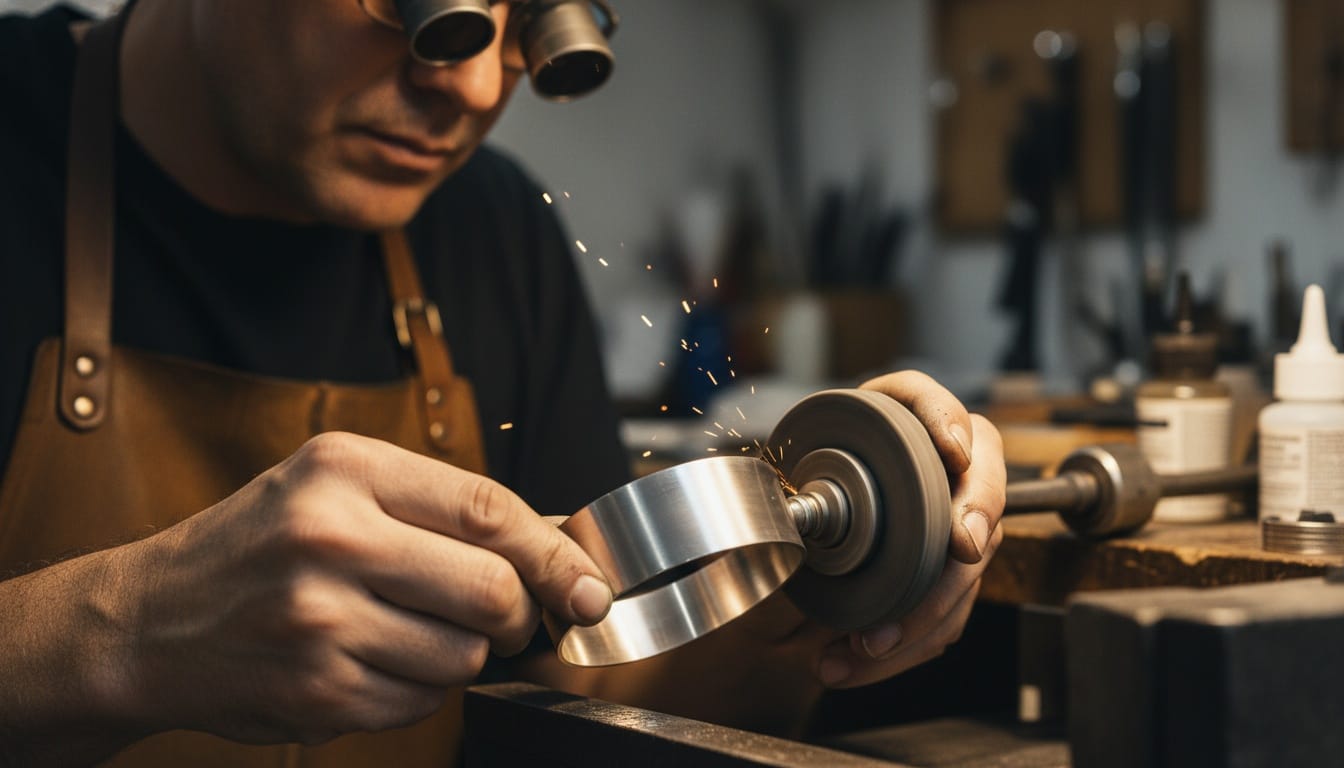 A close-up photo of a jeweler using a polishing wheel on a silver bracelet, showing sparks or the transition from a dull metal to a bright shine.