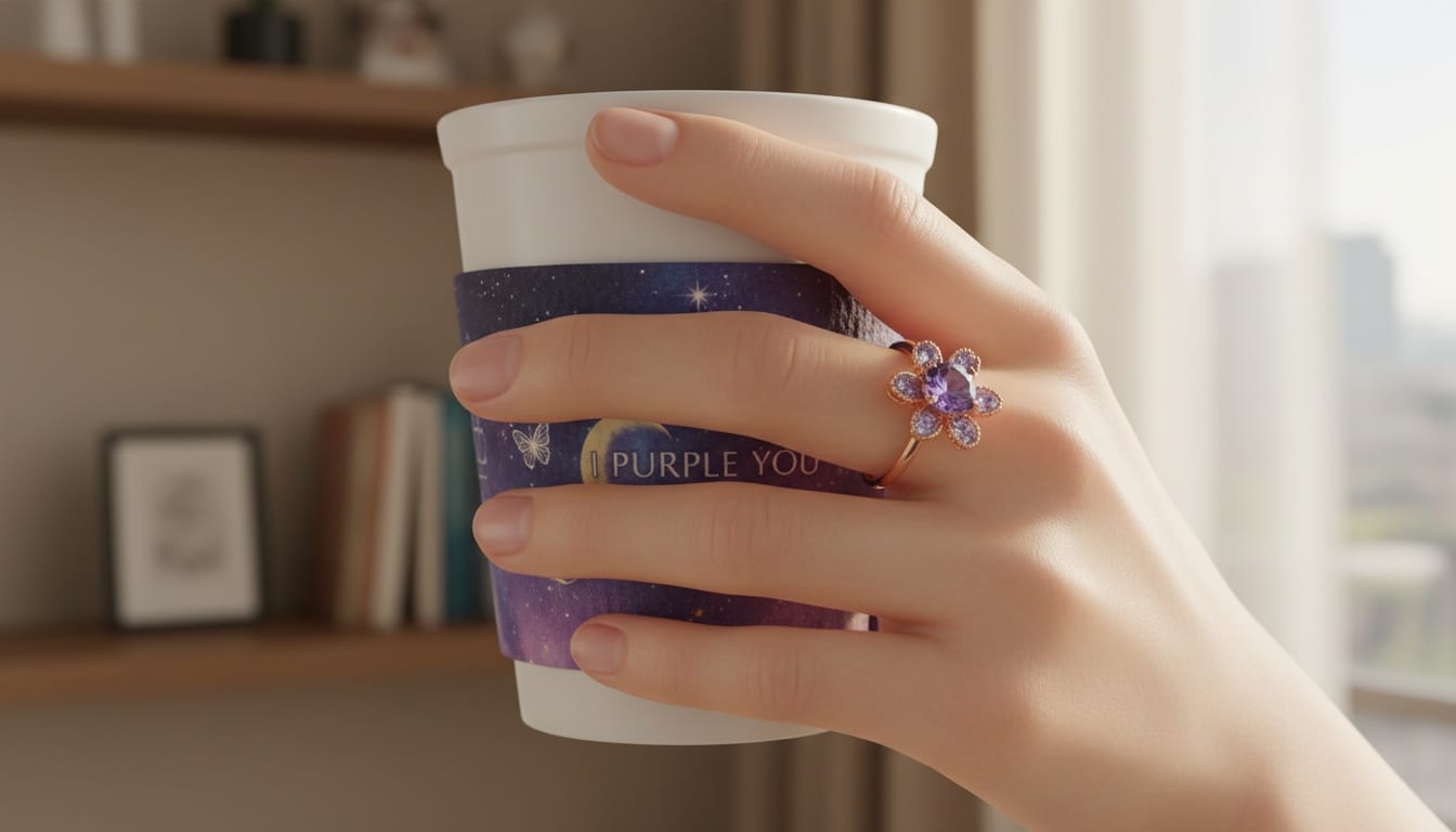 A close up of a hand wearing a purple stone ring, holding a cup of tea with a BTS themed sleeve.