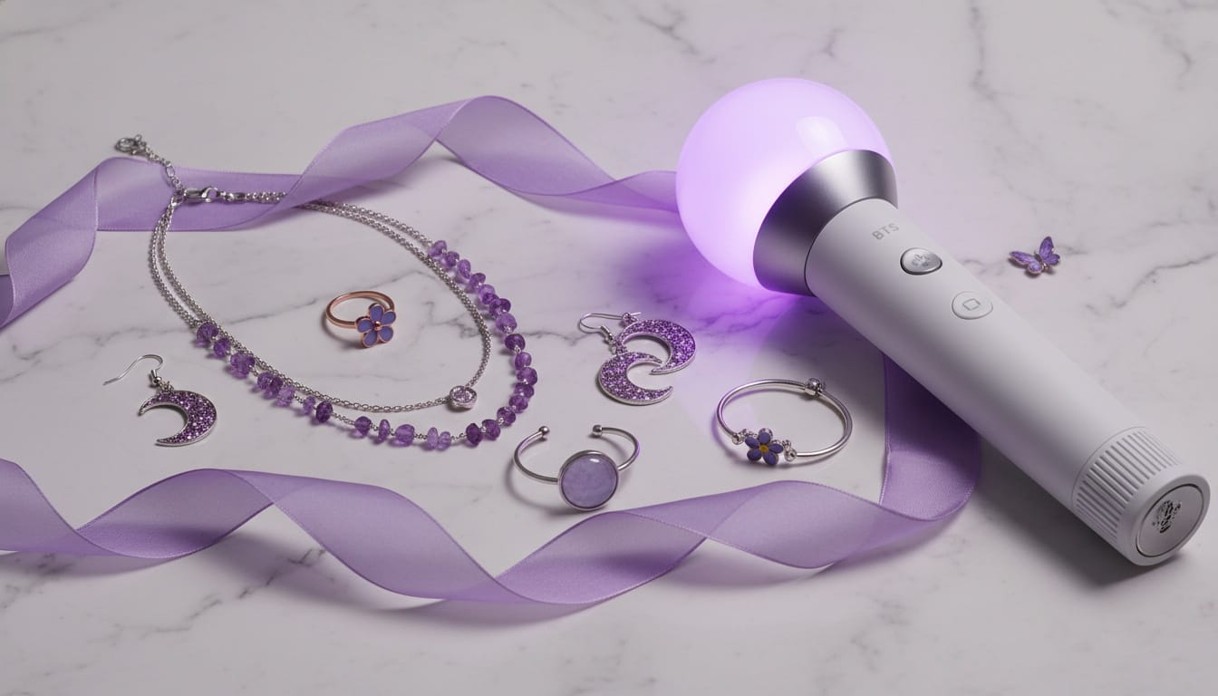 A flat lay of aesthetic purple jewelry, a BTS light stick, and a soft purple ribbon on a white marble surface.