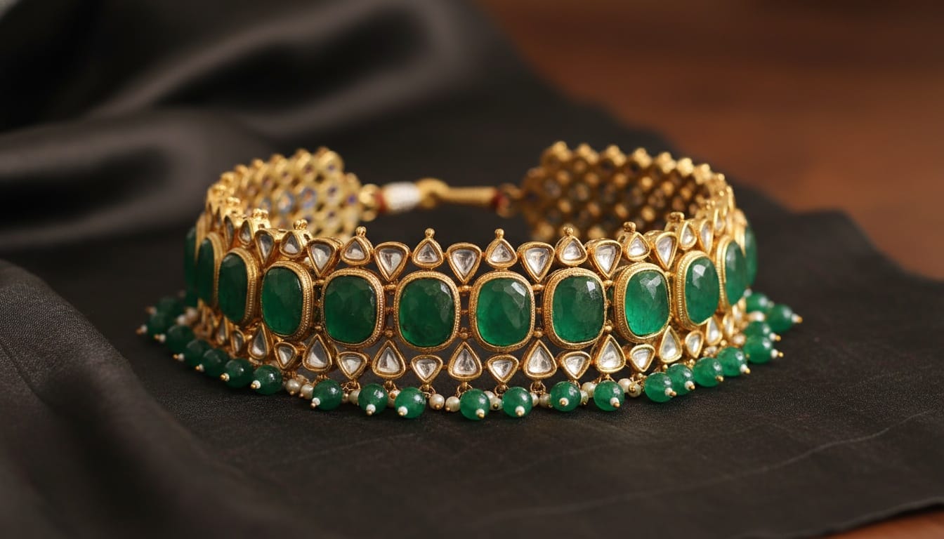 Indian Kundan choker necklace with green emerald beads and white stones.