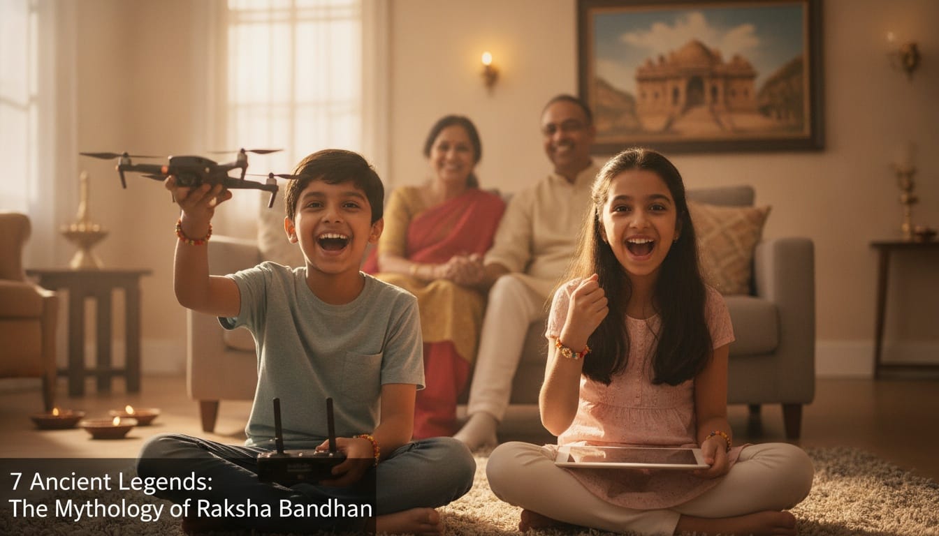 Brother and sister laughing at Rakhi gifts with parents celebrating the origin of Raksha Bandhan in an Indian household.