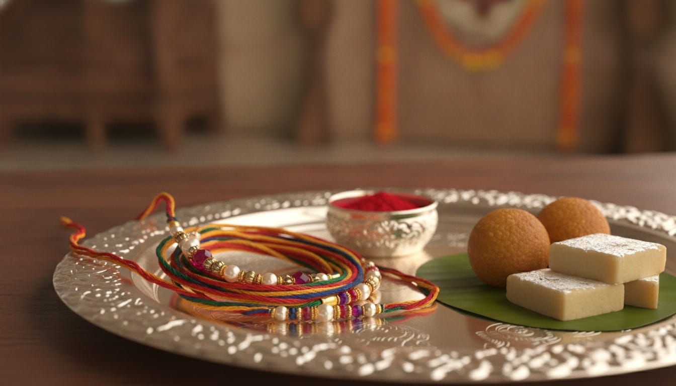 A beautiful close-up of a colorful Rakhi thread with beads and silk lying on a traditional silver plate with vermilion and sweets.