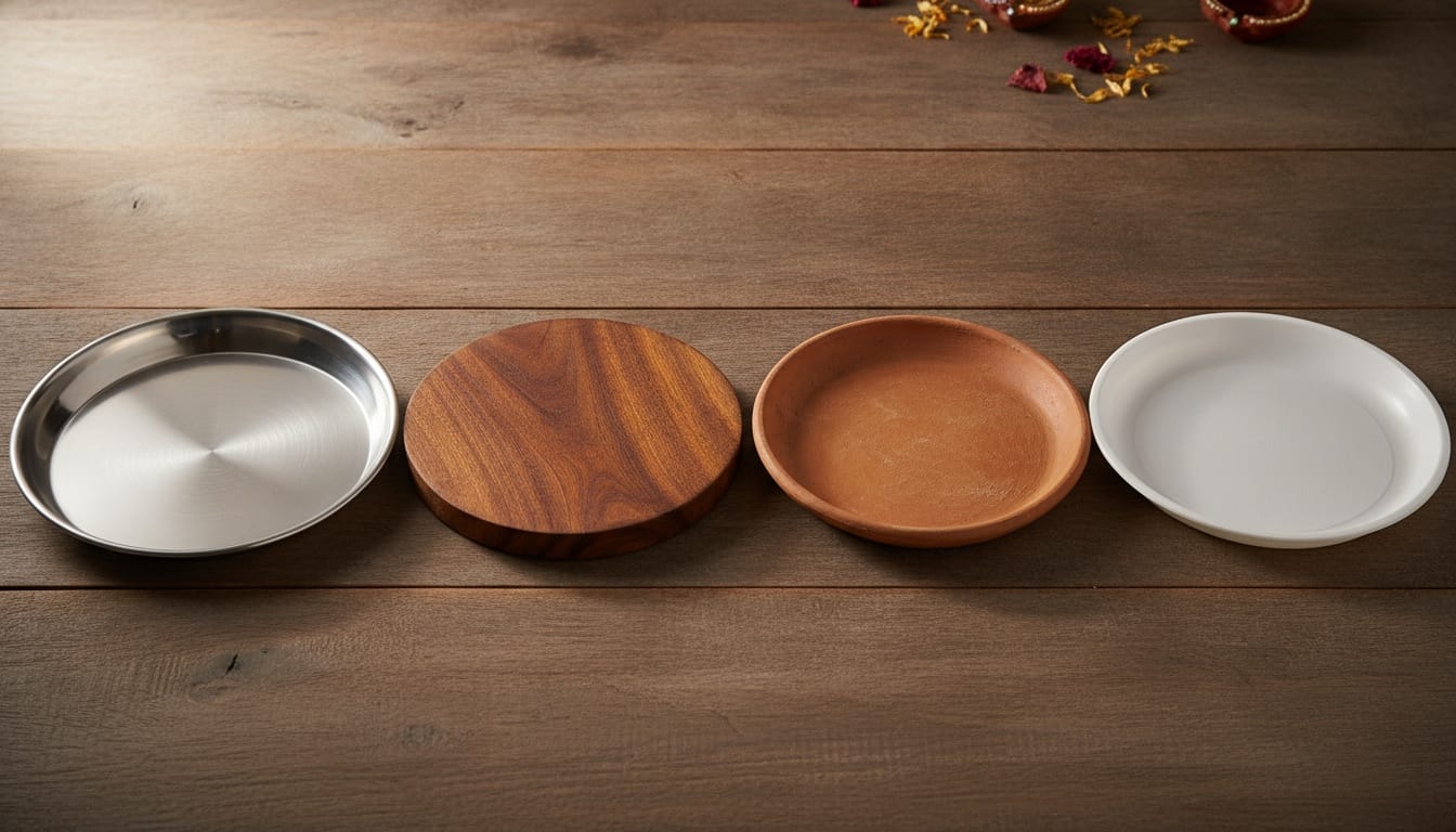 Four different types of plates (steel, wood, clay, and plastic) laid out side by side to show the variety of bases.