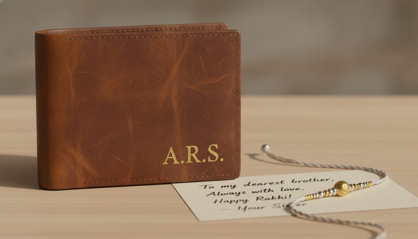 A hand writing a message on a small floral card next to a gift.