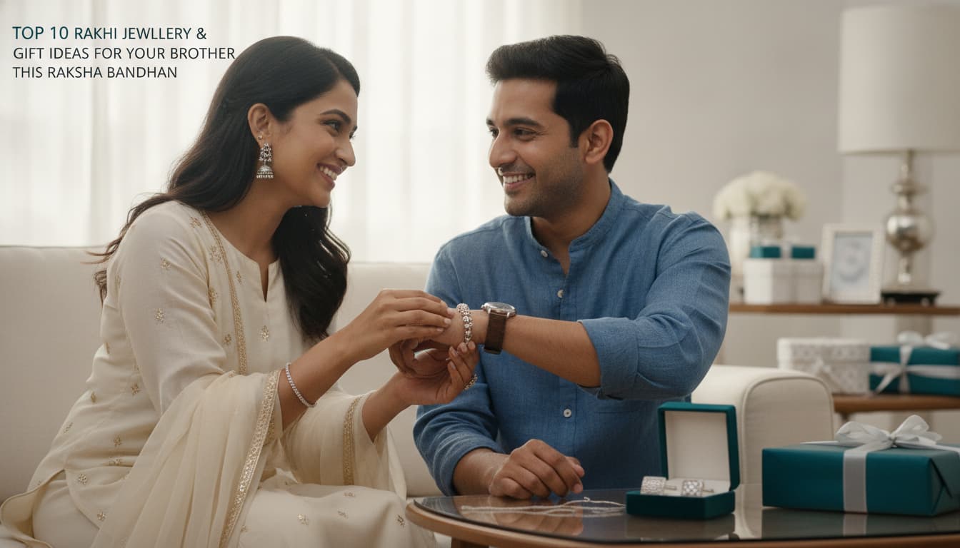 Sister tying a handcrafted silver Rakhi on brother's wrist, a perfect Raksha Bandhan silver jewellery gift.
