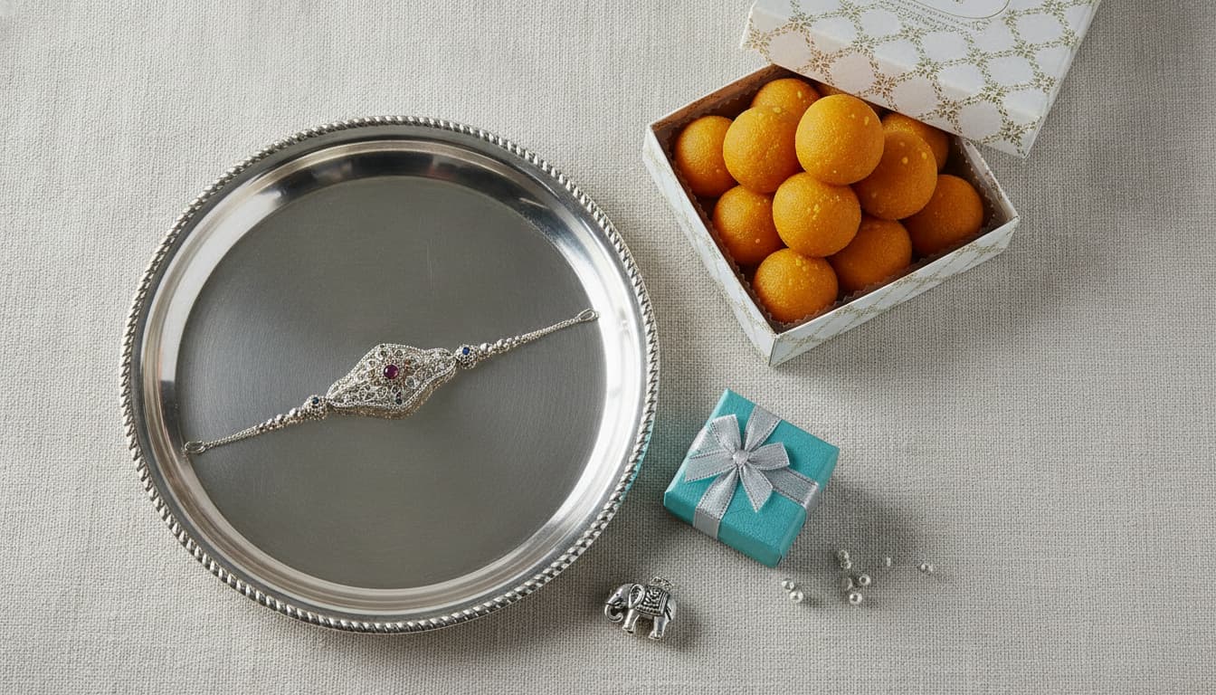 Silver Rakhi with sweets and gift box on a plate. Elegant silver jewellery gift for Raksha Bandhan celebrations in India.
