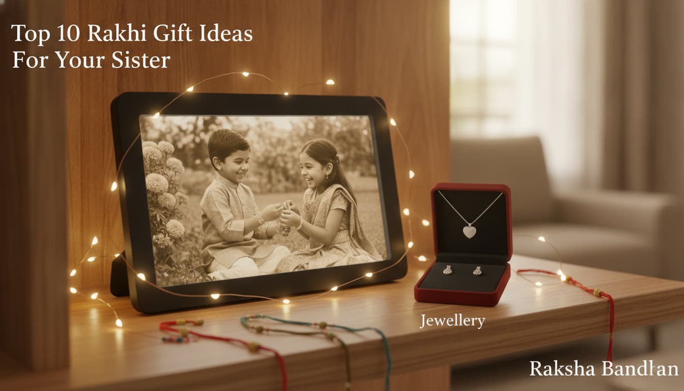 Digital photo frame on wooden shelf with fairy lights. Best Rakhi gift ideas for sister including elegant jewellery.