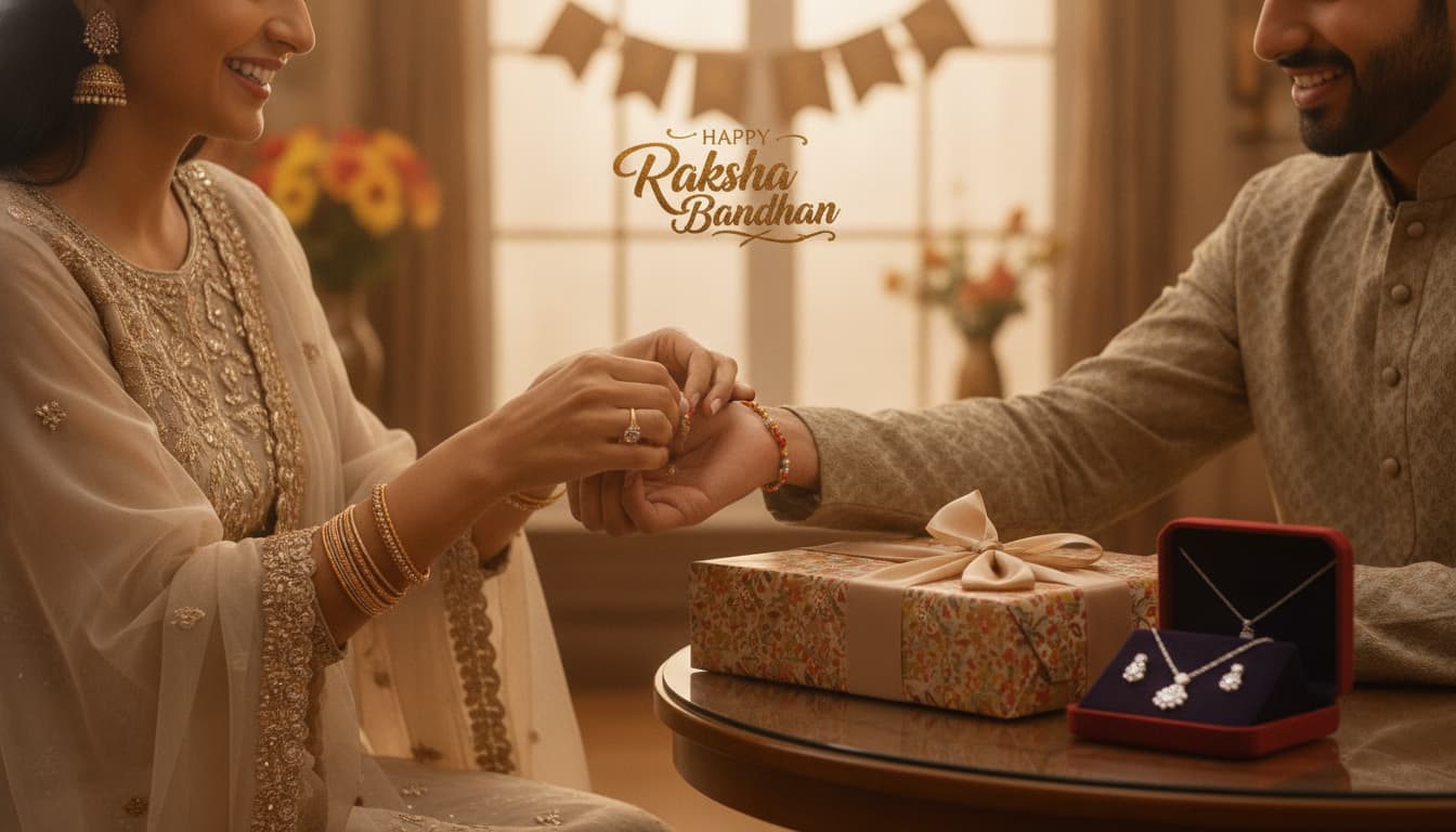 Sister tying Rakhi on brother's wrist with a gift box and elegant Indian jewellery on a table in a festive home setting.