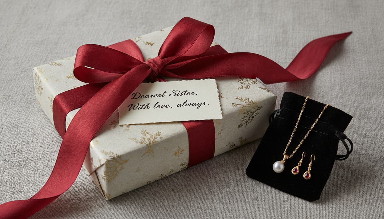 Beautifully wrapped Raksha Bandhan gift with silk ribbon and a card, ideal for gifting handcrafted jewellery to sisters.