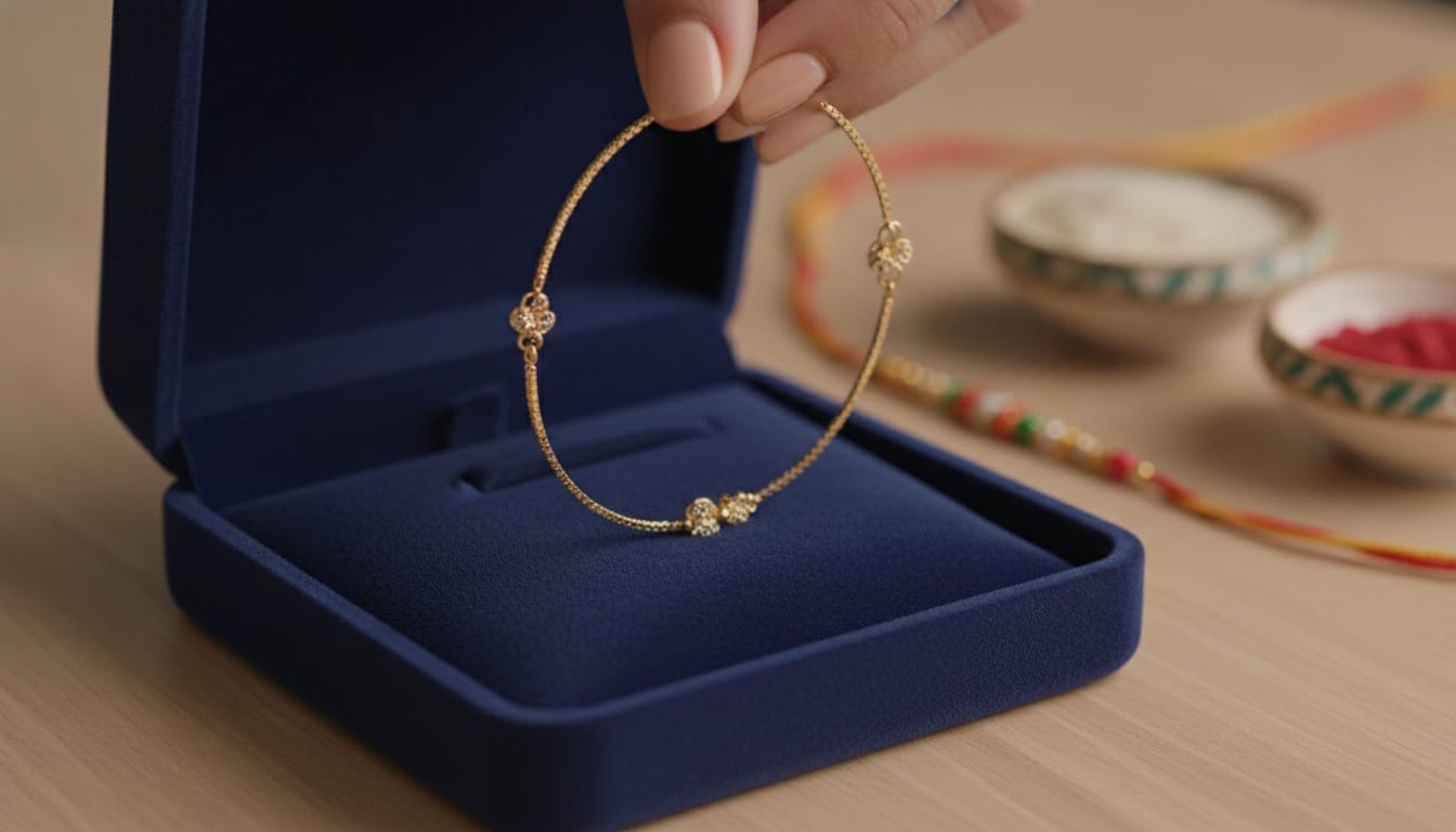 a delicate gold bracelet being placed in a velvet gift box.