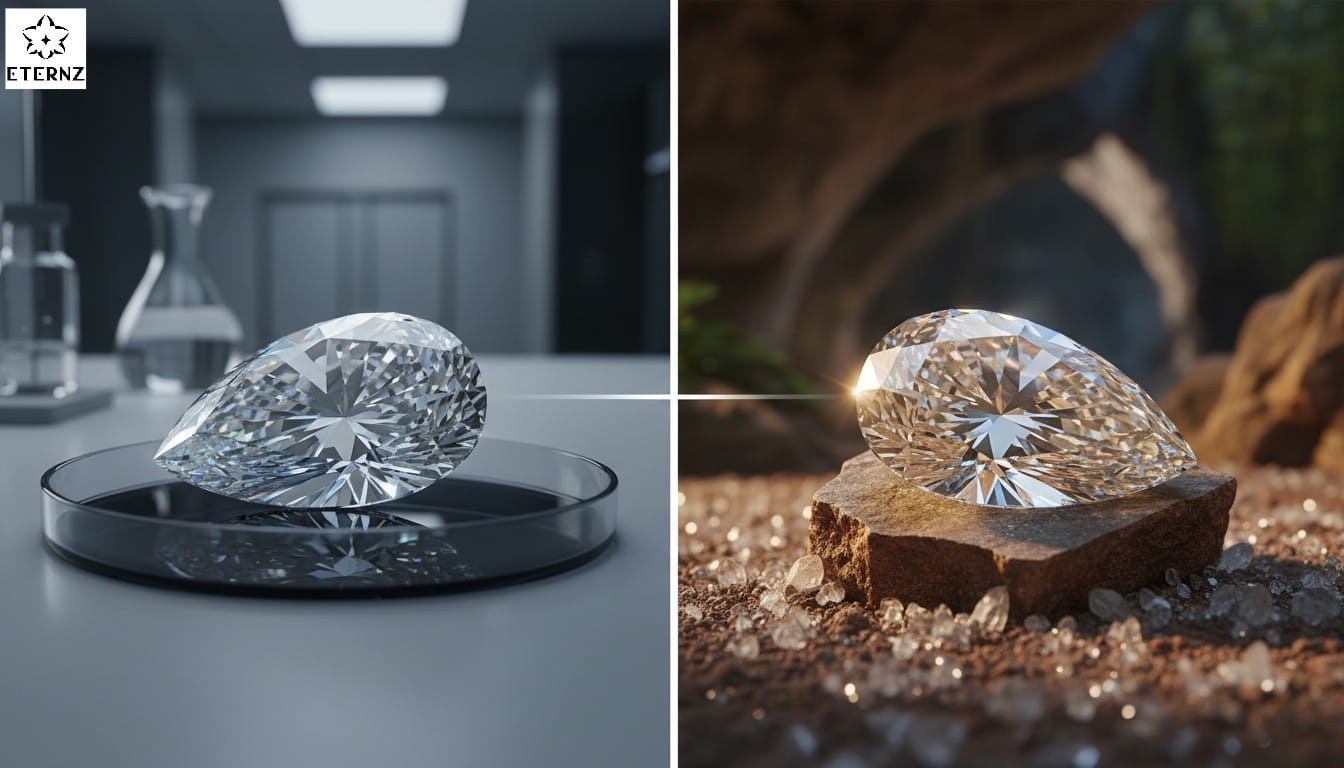 A comparison photo showing two diamond rings side by side, one lab-grown and one mined, looking identical under a bright light.