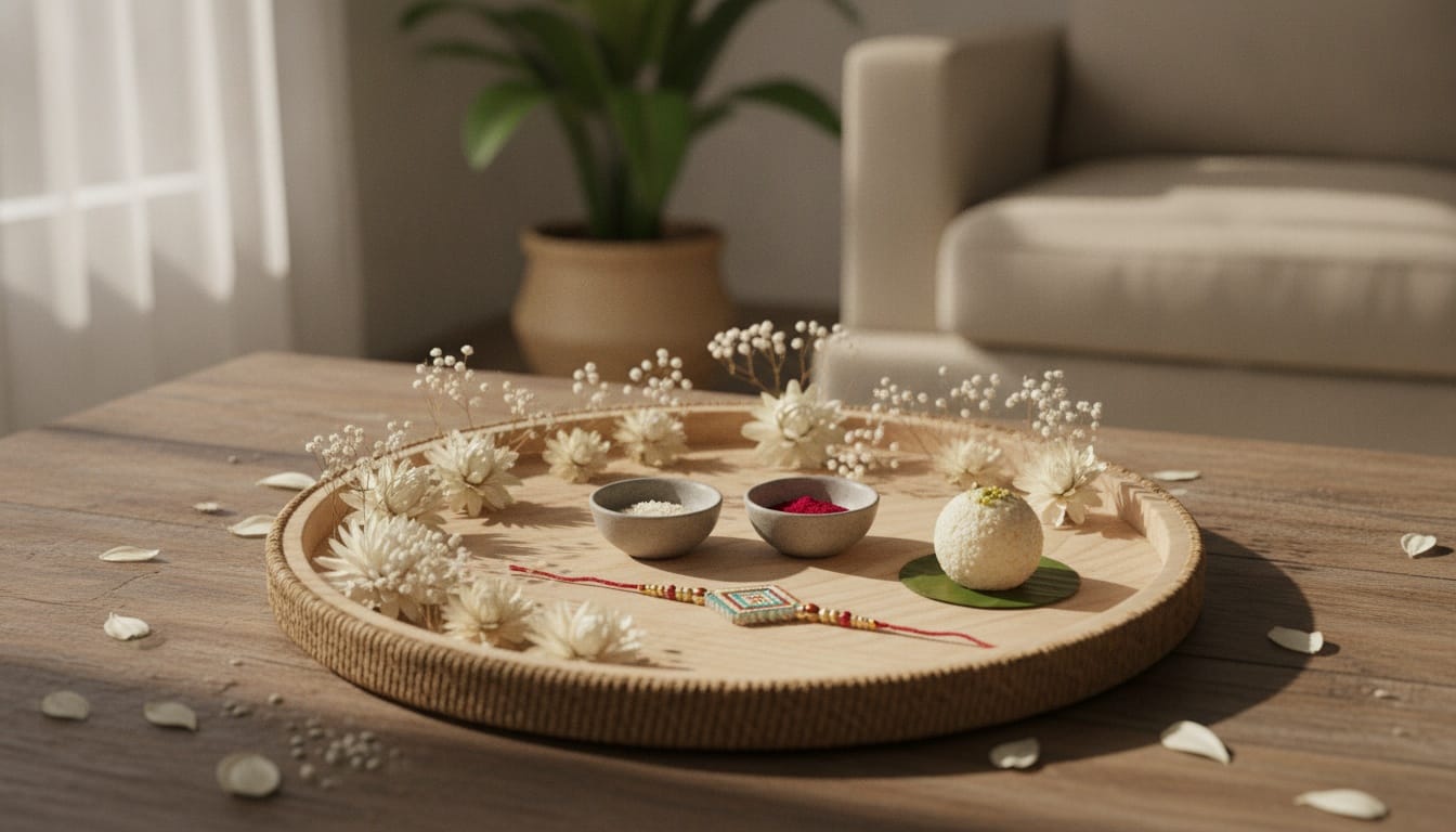 A modern Rakhi thali made of light wood, decorated with white dried flowers and a simple jute border.