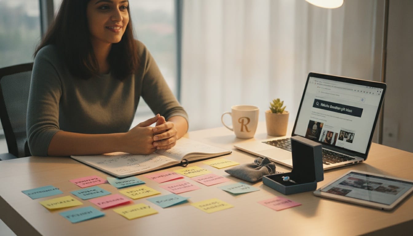 A person sitting at a desk with a notebook, brainstorming gift ideas with colorful sticky notes and a laptop nearby.