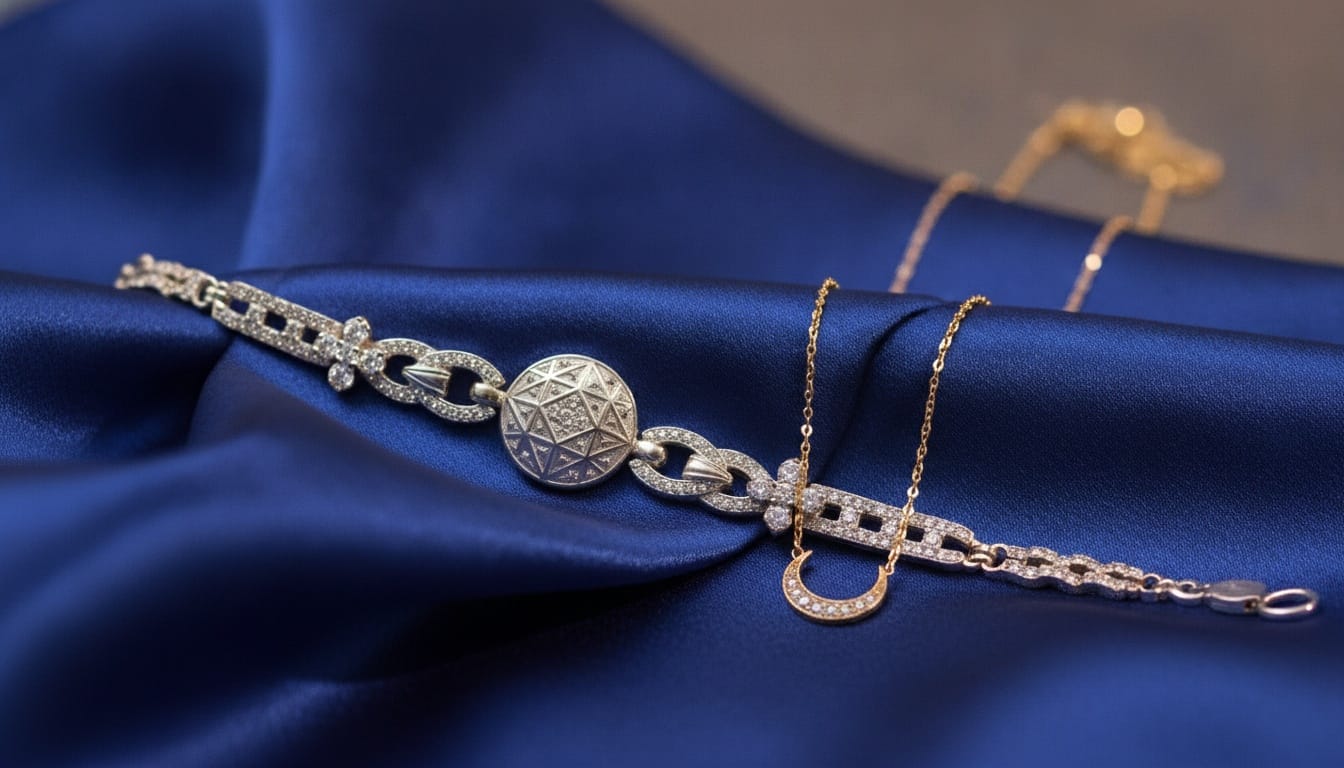 A close-up shot of a modern silver Rakhi bracelet next to a delicate gold necklace on a silk cloth, showing a mix of traditional and modern styles.