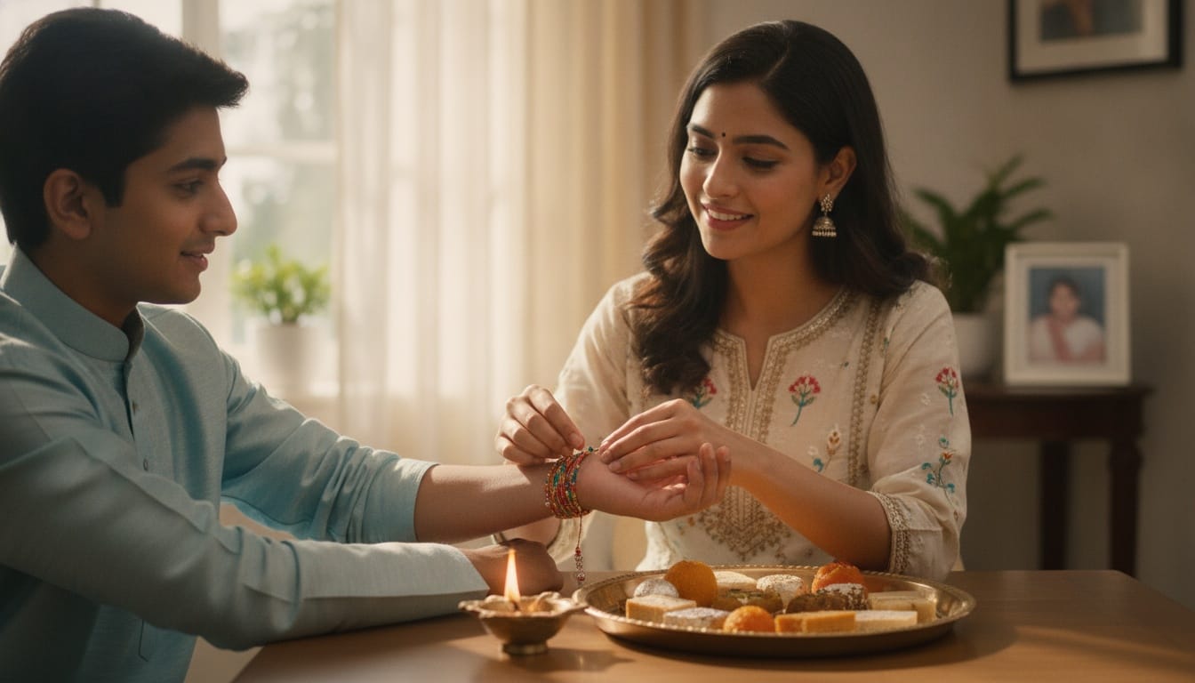 sister tying a colorful, beaded Rakhi thread onto her brother's wrist