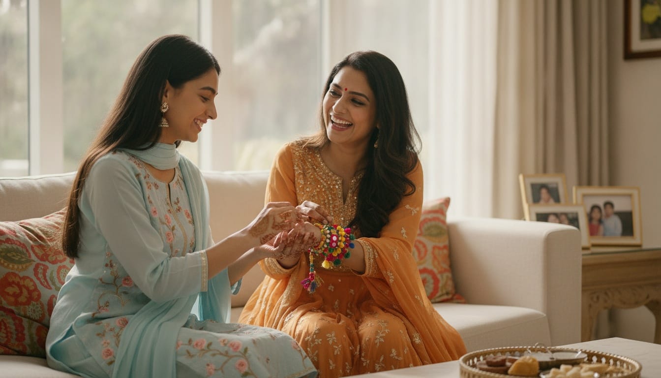 A heartwarming scene of a younger sister tying a decorative Lumba to her sister-in-law's wrist while they both laugh and share a sweet moment.