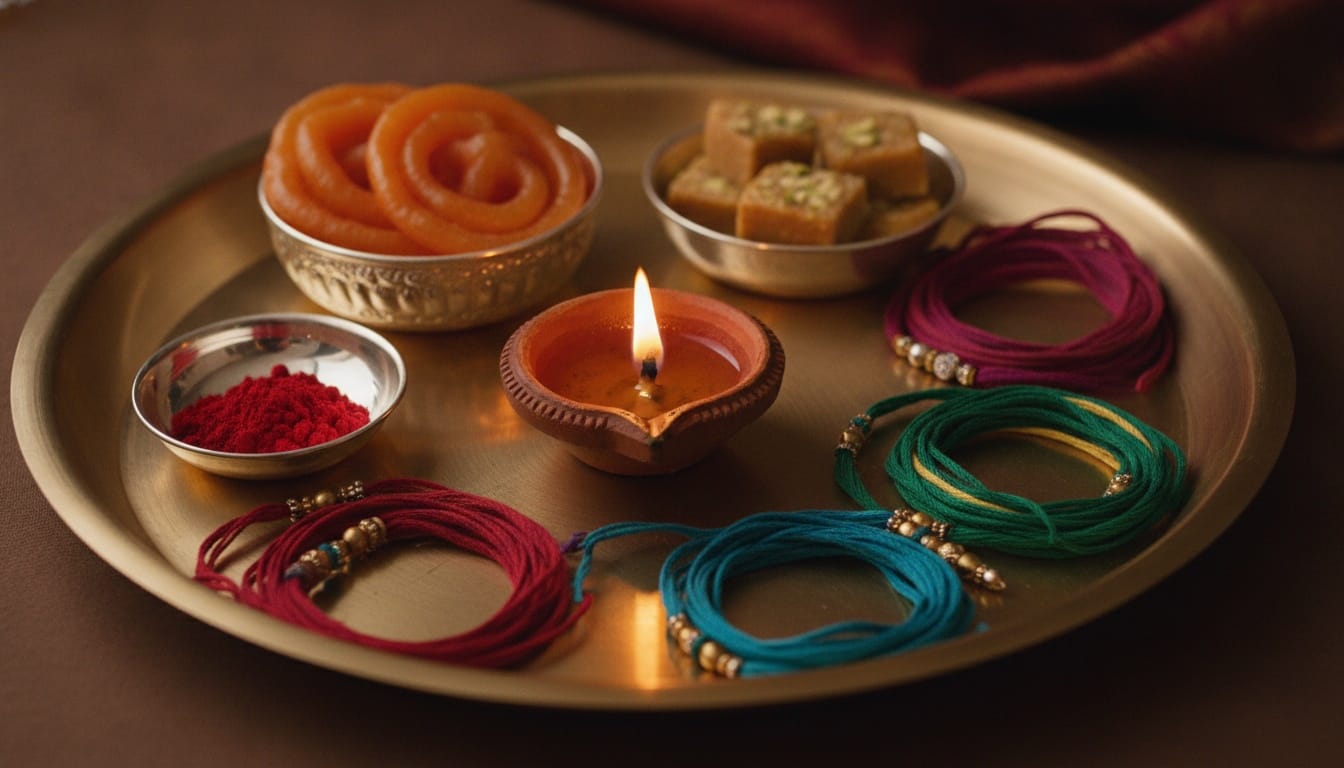A close-up of a Rakhi Thali containing a Diya, sweets, red powder, and several colorful Rakhi threads.