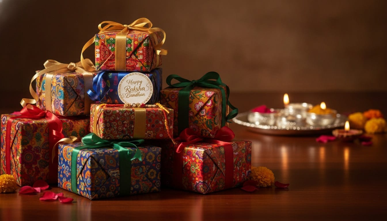 A colorful pile of wrapped gifts with "Happy Raksha Bandhan" written on a small card tucked into one of the ribbons.