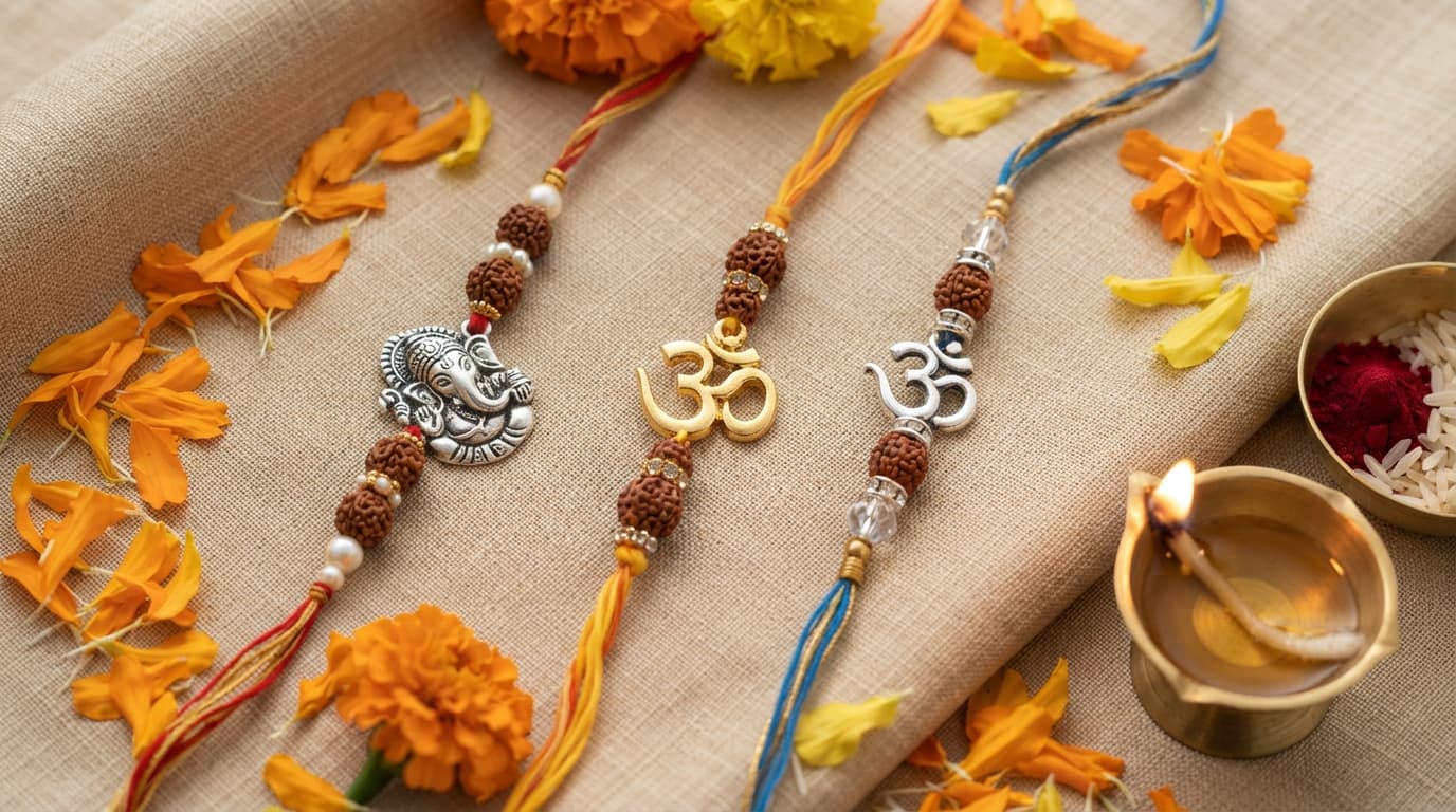 Spiritual Rakhi flat lay featuring silver Ganesha, Rudraksha, and golden Om on raw silk with marigold petals and a diya.