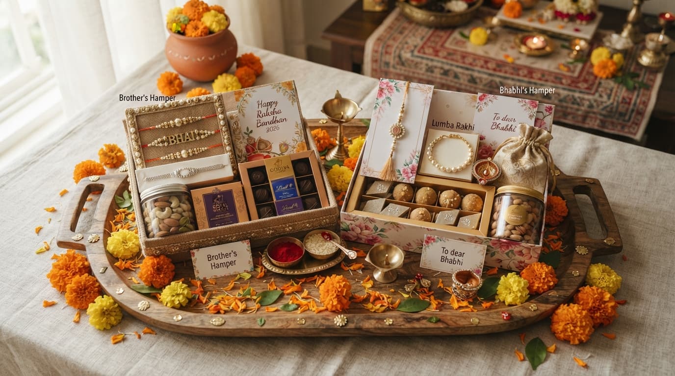 Rakhi hamper for brother and bhabhi with designer lumba, dry fruits, chocolates, and roli chawal on a wooden platter.