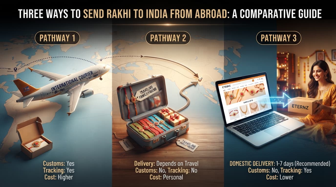 Infographic comparing how to send Rakhi to India from abroad via international shipping, travel, or online delivery.