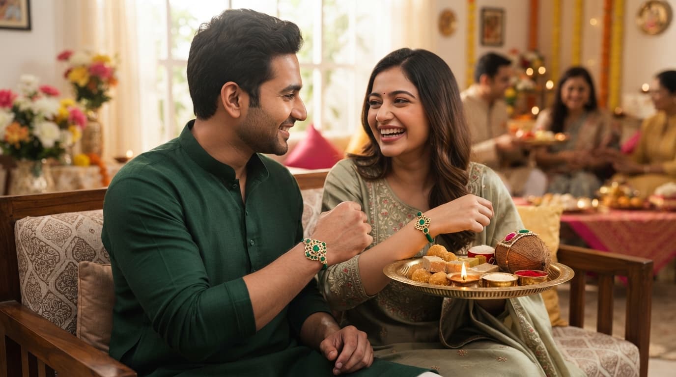 Brother and bhabhi wearing matching green emerald and gold plated rakhis, holding a brass sweet plate during Raksha Bandhan.