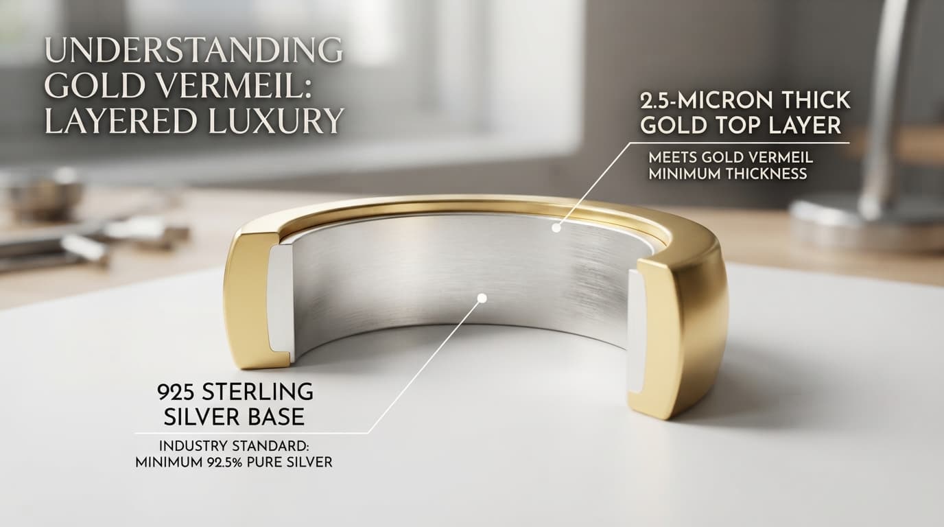Diagram of gold vermeil jewelry cross-section showing 2.5-micron thick gold plating over a 925 sterling silver base.