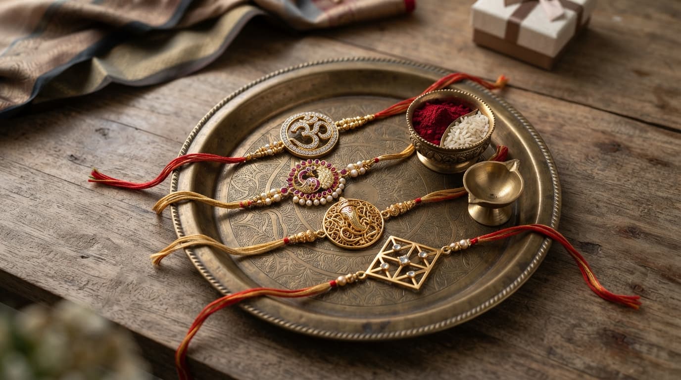 Ornate gold rakhis on a traditional brass plate with vermillion and rice for Raksha Bandhan 2026 festive shopping.