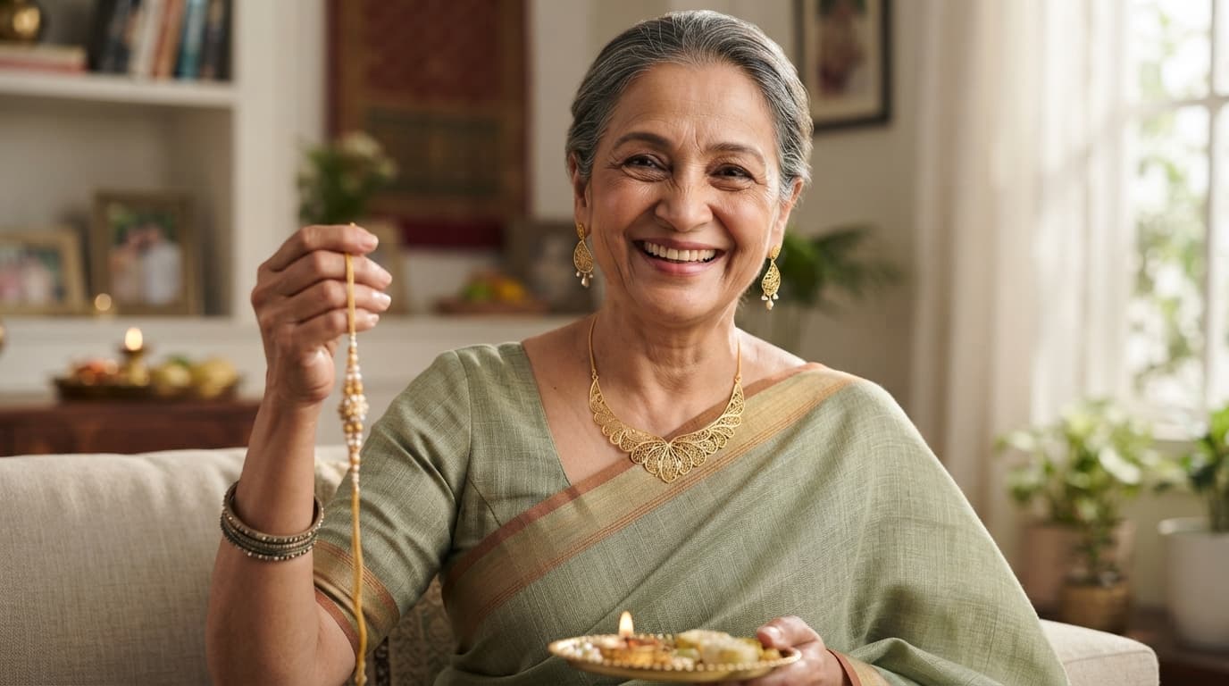 Elegant woman in saree wearing gold filigree necklace, a timeless Rakhi jewelry gift for older sisters in India.