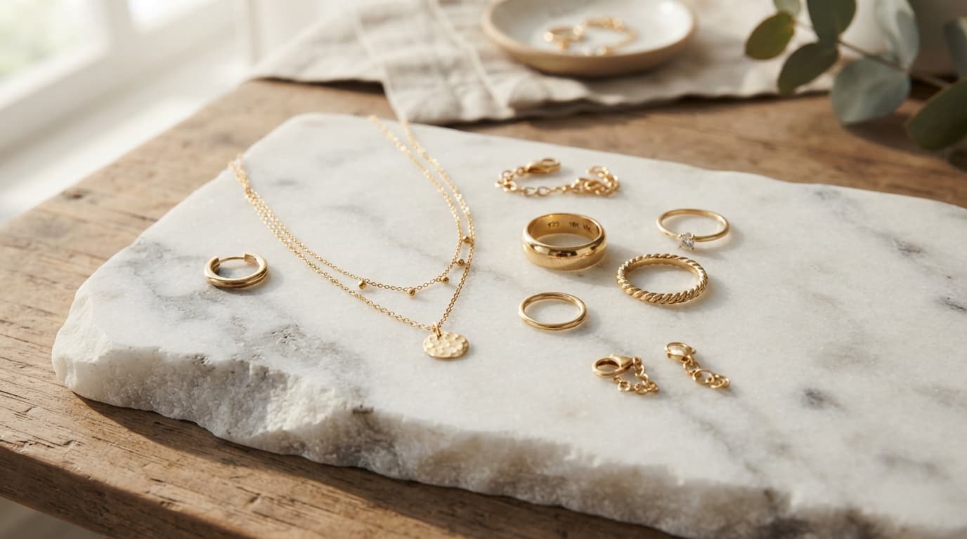 Elegant gold vermeil necklaces and rings on raw white marble, showcasing the rich shine of affordable luxury jewelry.