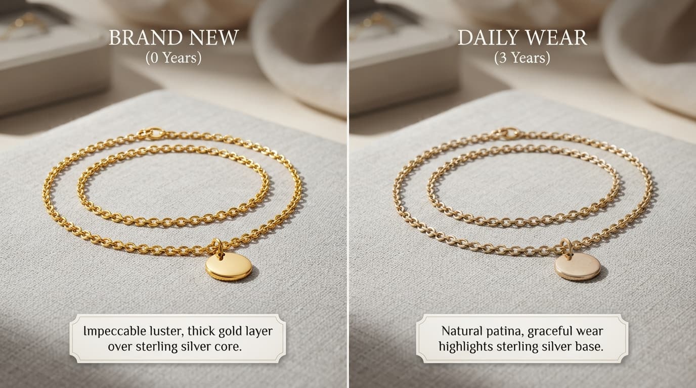 New gold vermeil necklace versus one worn daily for 3 years, showing how quality vermeil jewelry ages over time.