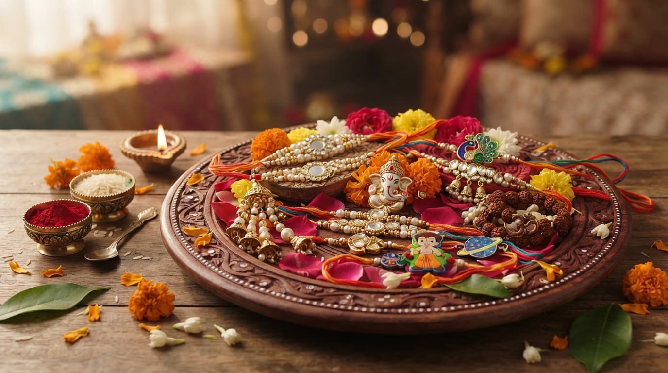 Different types of Rakhi, including traditional and modern designs, on a festive wooden platter with roli-chawal.