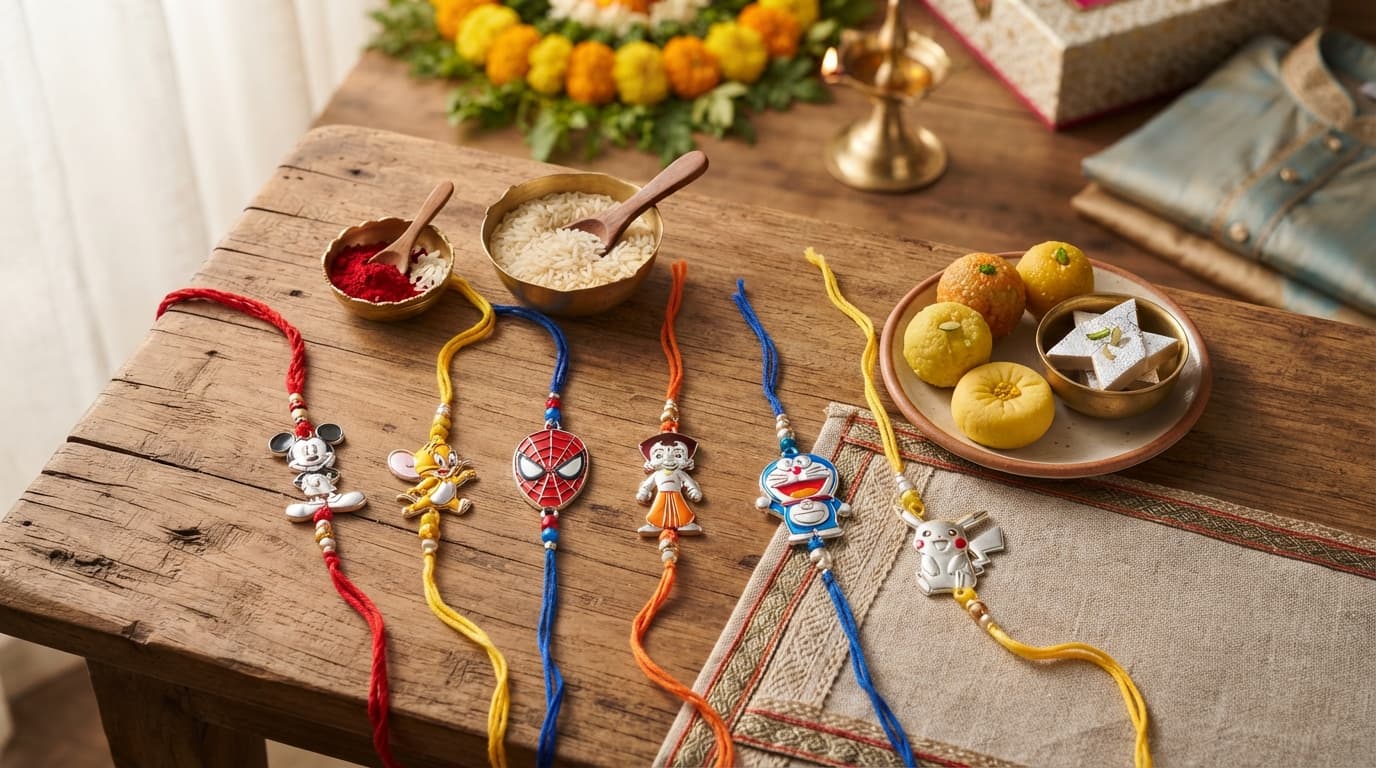 Kids cartoon rakhis featuring silver Mickey Mouse and Jerry with traditional roli chawal and Indian sweets on wood.