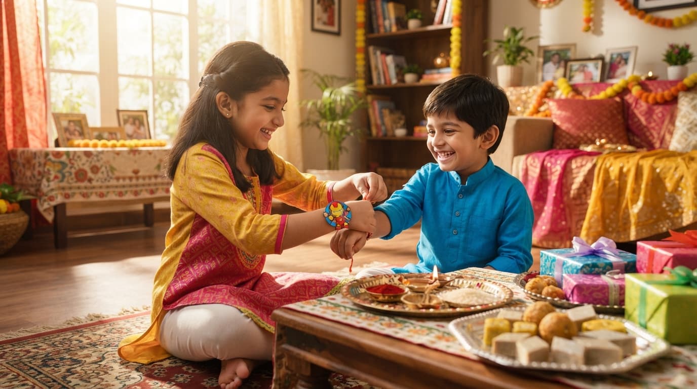 Sister tying a cute cartoon rakhi on her brother's wrist in a sunlit room with sweets and gifts.