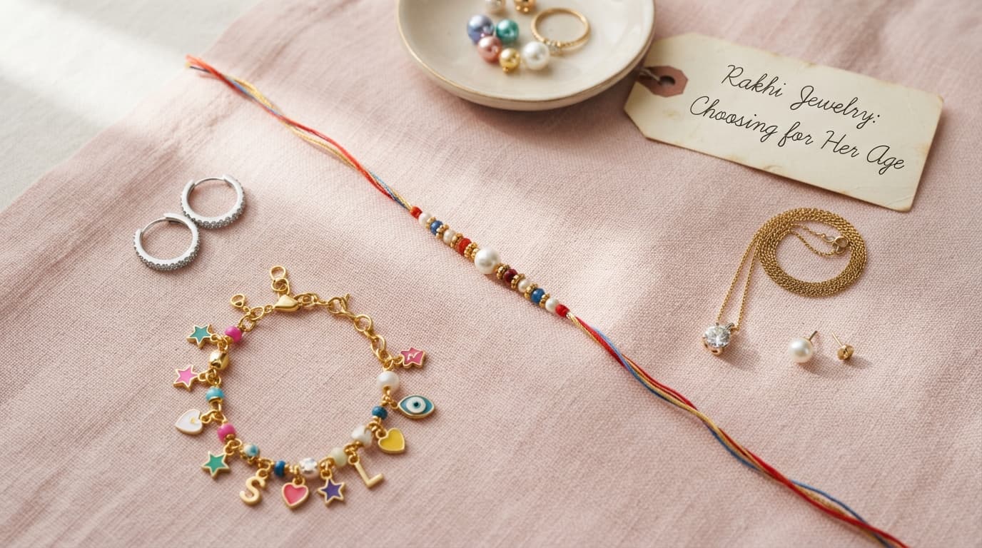 Diverse Rakhi jewelry gifts including silver earrings, charm bracelet, and diamond pendant on pastel background.