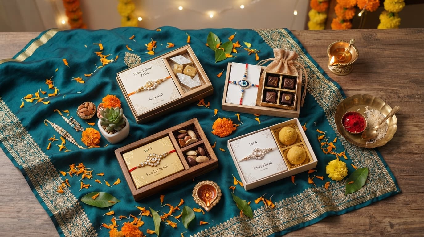 Elegant flat-lay of trending Rakhi combos set of 2026 with marigold petals and roli chawal on festive silk cloth.