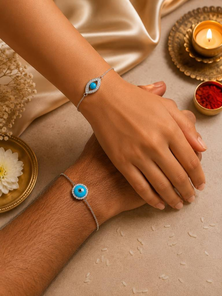 Twenty One Jewels Pure 925 Silver Evil Eye Brother Bhabhi Rakhi Bracelet Combo Set (6.5 Inches).