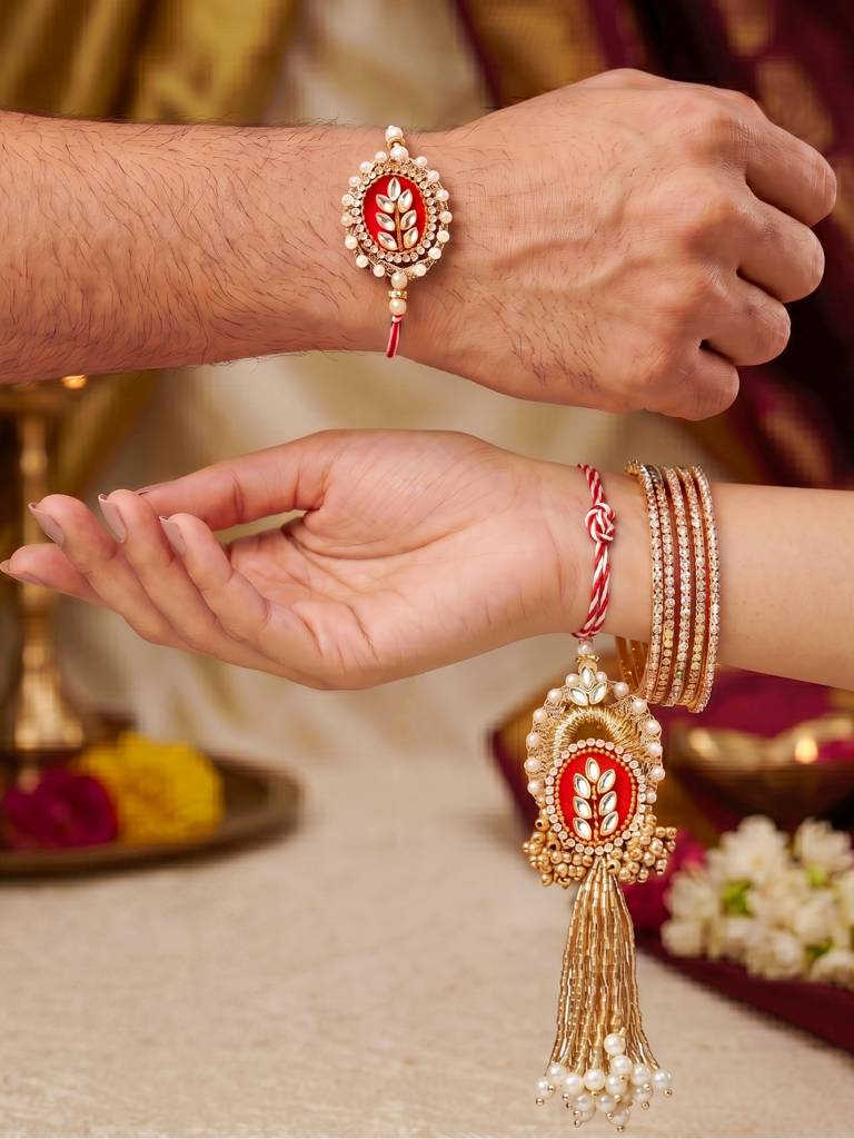 LUCKY JEWELLERY Designer Red Kundan Bhaiya Bhabhi Rakhi Set.
