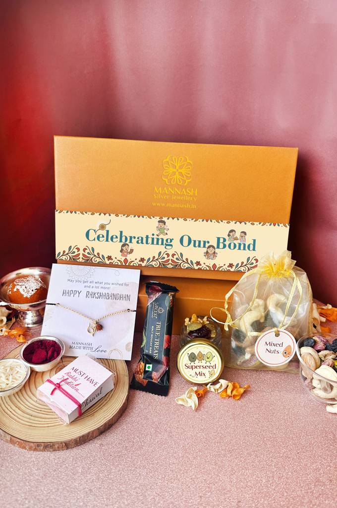 Mannash Premium Silver Rakhi Gift Hamper With Luxury Chocolate, Gourmet Treats & Roli Chawal.